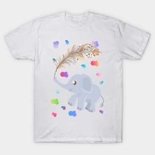 Adorable kawaii baby elephant and feather watercolour T-Shirt